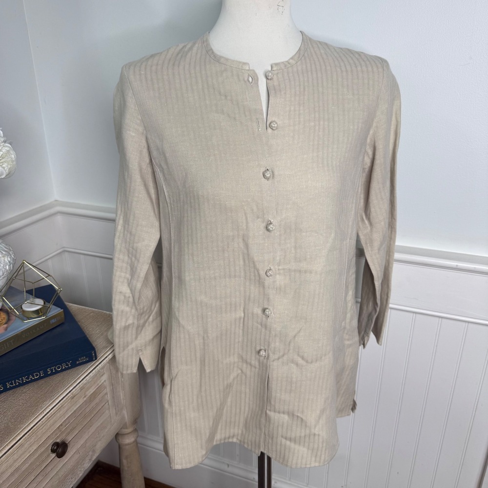 Eileen Fisher Petite Linen Tunic Top Beige Striped Knot Button Long Sleeve PS